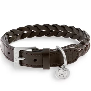 Collier tressé en cuir de luxe pour chien – BERGAMO – S, Chocolat